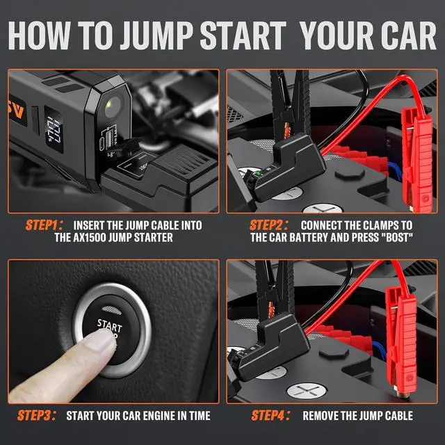 Alt view image 6 of 7 - ASPERX Car Jump Starter, 1500A Peak Battery Starter for Up to 7.0L Gas or 5.5L Diesel Engine, 12V Portable Power Pack with 1.4 INCH LCD Display