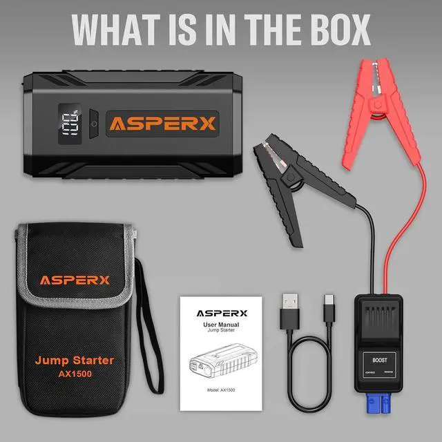 Alt view image 7 of 7 - ASPERX Car Jump Starter, 1500A Peak Battery Starter for Up to 7.0L Gas or 5.5L Diesel Engine, 12V Portable Power Pack with 1.4 INCH LCD Display