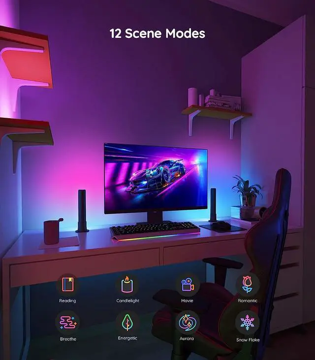 Alt view image 3 of 6 - Smart Light Bars, RGBICWW Smart LED Lights with 12 Scene Modes and Music Modes, Bluetooth Color Light Bar for Entertainment, PC, TV, Mood Lighting for Room Decoration