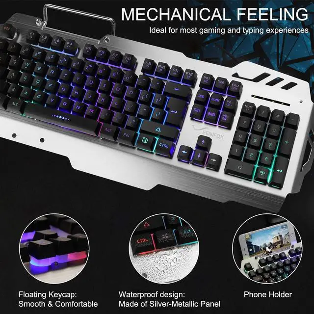Alt view image 2 of 6 - Gaming Keyboard and Mouse, Wired Backlit Rainbow Ergonomic Mechanical Feeling Led Removable Hand Rest Metal Panel,for Windows PC Gamer PS4 Xbox one