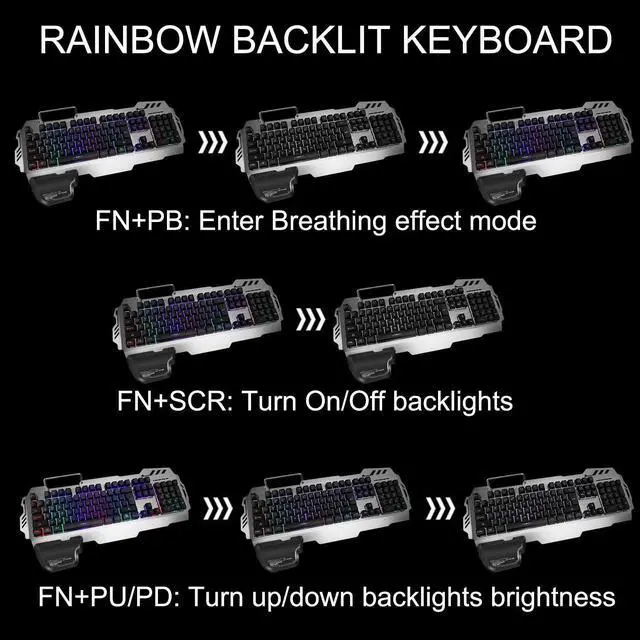 Alt view image 5 of 6 - Gaming Keyboard and Mouse, Wired Backlit Rainbow Ergonomic Mechanical Feeling Led Removable Hand Rest Metal Panel,for Windows PC Gamer PS4 Xbox one