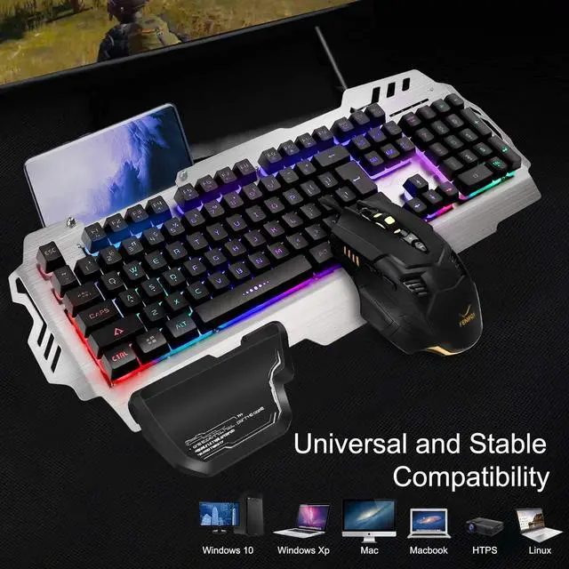 Alt view image 6 of 6 - Gaming Keyboard and Mouse, Wired Backlit Rainbow Ergonomic Mechanical Feeling Led Removable Hand Rest Metal Panel,for Windows PC Gamer PS4 Xbox one