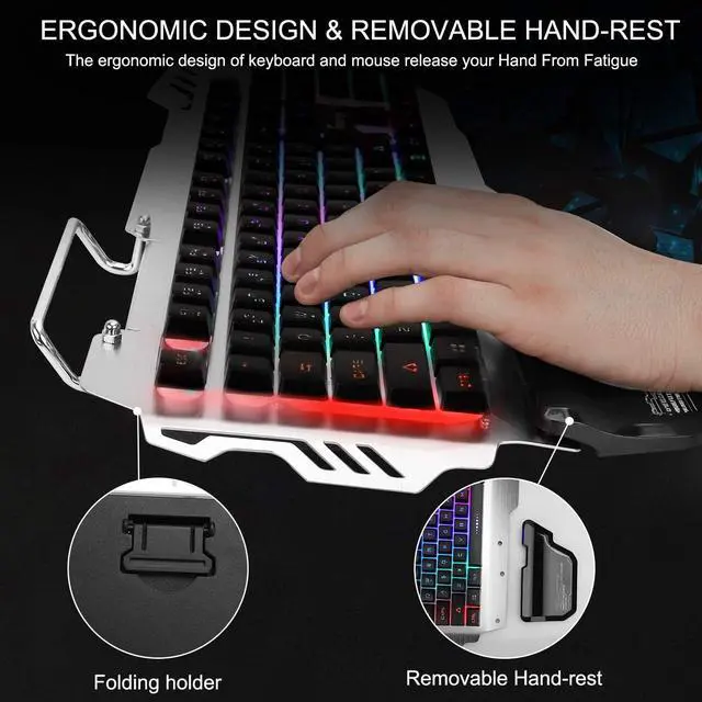 Alt view image 3 of 6 - Gaming Keyboard and Mouse, Wired Backlit Rainbow Ergonomic Mechanical Feeling Led Removable Hand Rest Metal Panel,for Windows PC Gamer PS4 Xbox one