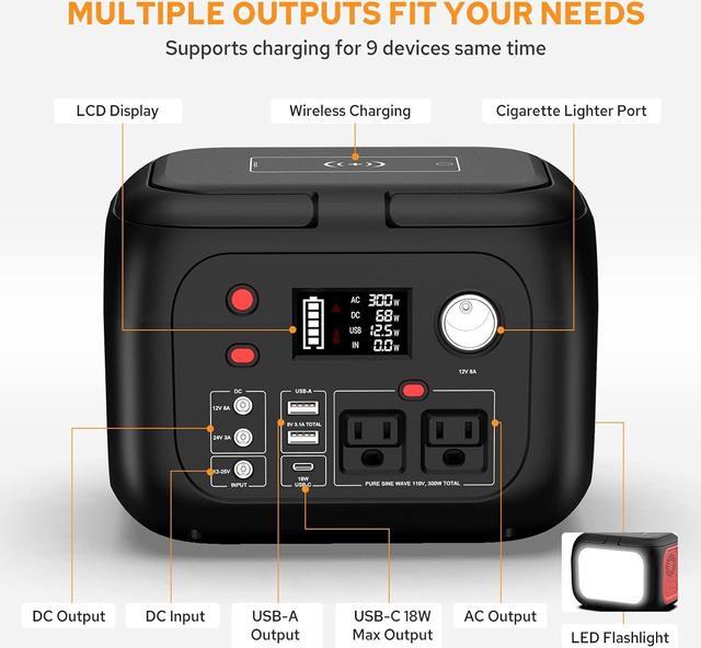 Alt view image 4 of 7 - Portable Power Station 300W Power Bank with AC Outlet 228Wh Solar Generator with LED Light Portable Generators 9 Outputs Battery Backup Power Supply for Outdoor Camping Travel Emergency