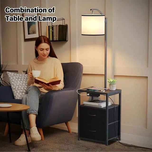 Alt view image 2 of 6 - SUNMORY Floor Lamp with Table & 2 Drawers, Lamp with USB Port and Outlet, Lamps for Nightstand with 3 Color Temperature Led Bulb Included, Floor Lamps for Living Room, Bedroom and Home Office, Black