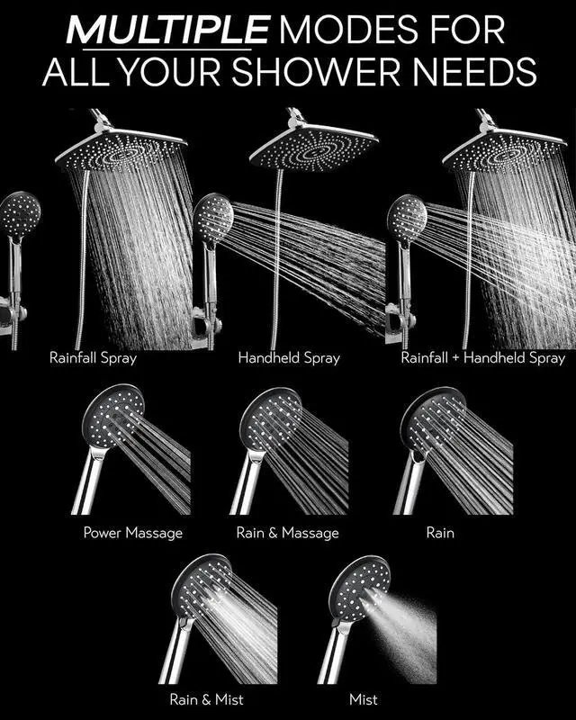 Alt view image 2 of 6 - Veken 12 Inch High Pressure Rain Shower Head -Shower Heads with 5 Modes Handheld Spray Combo- Wide RainFall shower with 70" Hose & Bracket- Adjustable Dual Showerhead with Anti-Clog Nozzles - Chrome