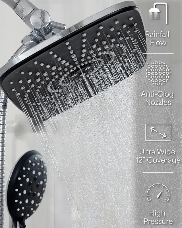 Main image of Veken 12 Inch High Pressure Rain Shower Head -Shower Heads with 5 Modes Handheld Spray Combo- Wide RainFall shower with 70" Hose & Bracket- Adjustable Dual Showerhead with Anti-Clog Nozzles - Chrome