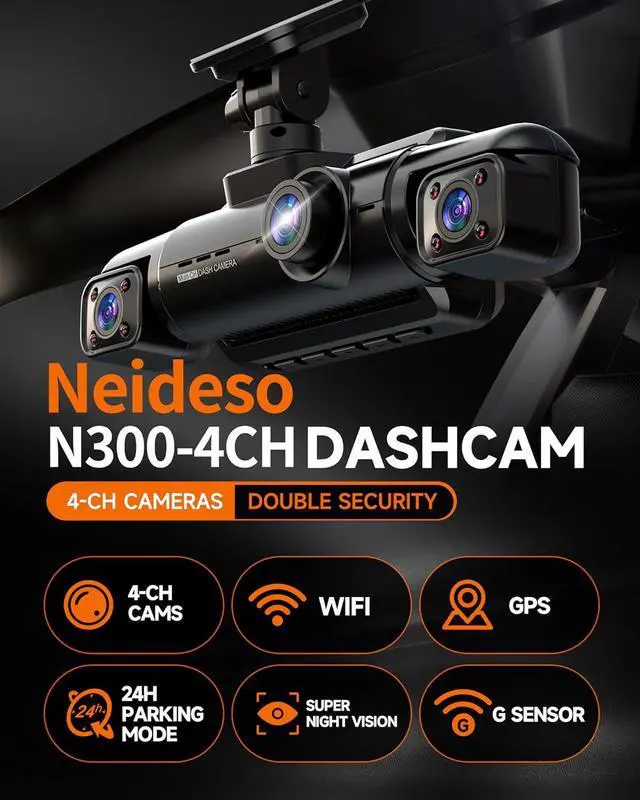 Alt view image 2 of 5 - Neideso 360° Dash Cam Front and Rear Inside, 4 Channel FHD 4 * 1080P, Wi-Fi GPS Car Camera, Front 2K+1080P*2 Dash Camera for Cars, Free 64GB SD Card, Night Vision, 24H Parking Mode(N300)