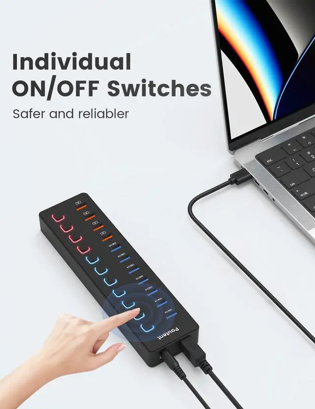Alt view image 3 of 5 - Powered USB 3.0 Hub, Pautent 11-Port USB Hub Splitter (7 Faster Data Transfer Ports+ 4 Smart Charging Ports) with Individual LED On/Off Switches, USB Hub 3.0 Powered with Power Adapter for Mac, PC