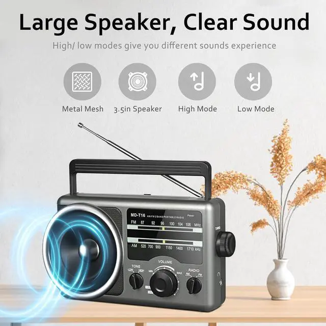 Alt view image 3 of 6 - AM FM Portable Radio Battery Operated Radio by 4X D Cell Batteries Or AC Power Transistor Radio with and Big Speaker, Standard Earphone Jack, High/Low Tone Mode, Large Knob