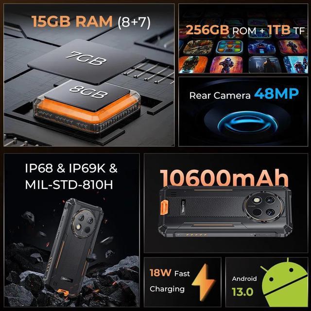 Oukitel WP28 Rugged Smartphones 6.52Inch Octa Core 8GB+256GB Android 13  Mobile Phone 10600mAh Battery 48MP Camera Cellphone NFC Orange 
