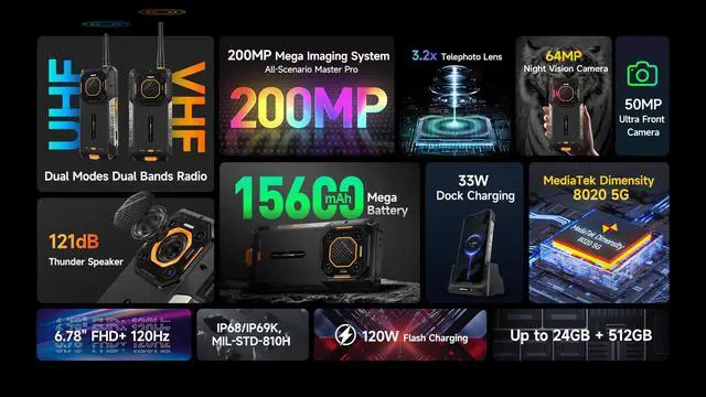 Alt view image 3 of 7 - Ulefone Armor 26 Ultra 5G Rugged Phones, Walkie-Talkie Smartphone, 200MP+64MP+50MP, 3.2X Zoom Lens, 24+512GB, 15600mAh/Dock Charging/120W Flash Charging, 6.78 120Hz, 121dB Speaker, NFC/GPS/uSmart