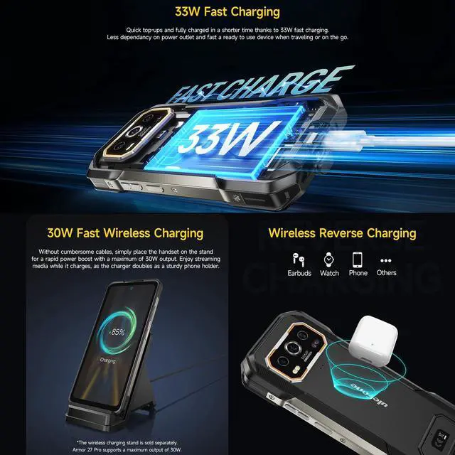 Alt view image 7 of 7 - Ulefone Armor 27 Pro 5G Rugged Phone, 64MP+50MP+50MP Triple Real Camera, 24GB+256GB MTK Dimensity 6300, 10600mAh(33W), 30W Wireless Charging, 6.78" FHD+ 120Hz Corning Gorilla Screen, Android 14+case