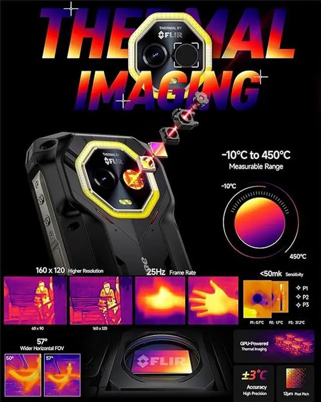 Alt view image 3 of 6 - Ulefone Armor Mini 20T Pro Phone 5G Global Version Rugged Phone, Thermal Imaging 16GB+256GB Smartphone 6200mAh 33W, 50MP+32MP Camera, 4.7" HD+, Android 14, IP68/IP69K, Dual SIM, NFC, GPS IR Blaster