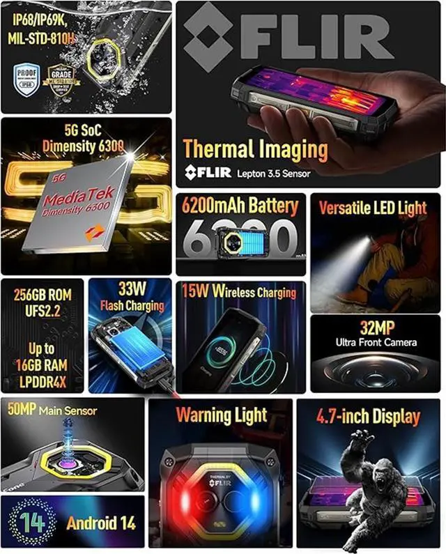 Alt view image 2 of 6 - Ulefone Armor Mini 20T Pro Phone 5G Global Version Rugged Phone, Thermal Imaging 16GB+256GB Smartphone 6200mAh 33W, 50MP+32MP Camera, 4.7" HD+, Android 14, IP68/IP69K, Dual SIM, NFC, GPS IR Blaster