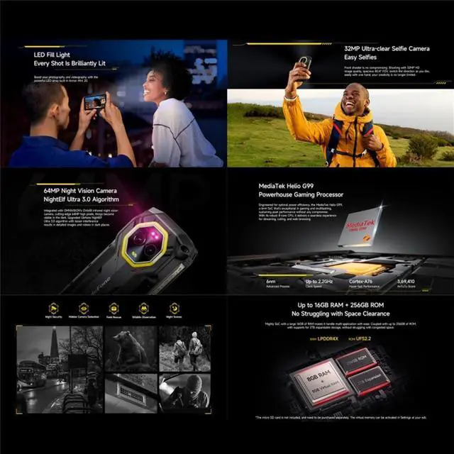 Alt view image 4 of 7 - Ulefone Armor Mini 20, Night Vision, 8GB+256GB, IP68/IP69K Rugged Phone, 4.7 inch Android 14 MediaTek Helio G99 Octa Core, Network: 4G, NFC, OTG (Black)
