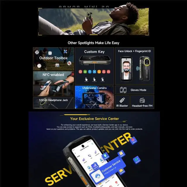 Alt view image 7 of 7 - Ulefone Armor Mini 20, Night Vision, 8GB+256GB, IP68/IP69K Rugged Phone, 4.7 inch Android 14 MediaTek Helio G99 Octa Core, Network: 4G, NFC, OTG (Black)