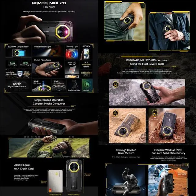 Alt view image 2 of 7 - Ulefone Armor Mini 20, Night Vision, 8GB+256GB, IP68/IP69K Rugged Phone, 4.7 inch Android 14 MediaTek Helio G99 Octa Core, Network: 4G, NFC, OTG (Black)