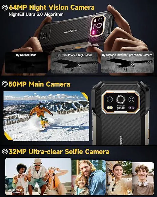 Alt view image 7 of 7 - Ulefone Armor 27T Rugged Phone with Thermal Imaging Camera, 10600mAh 12GB+256GB MTK Helio G99 Android 14, 50MP+64MP Night Vision, 6.78" FHD+ 120Hz, IP68/69K Waterproof Dual SIM Smartphone NFC+Case