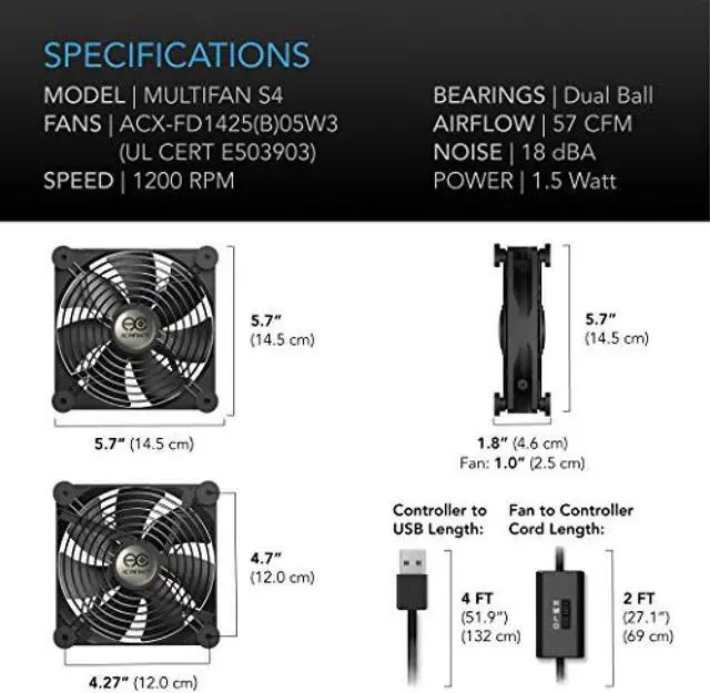 Alt view image 16 of 17 - AC Infinity MULTIFAN S4, Quiet 140mm USB Fan for Receiver DVR Playstation Xbox Computer Cabinet Cooling