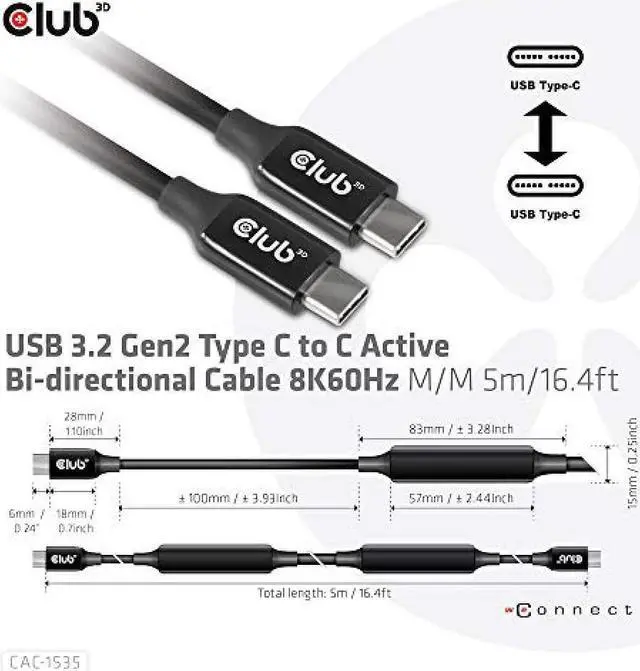 Alt view image 9 of 14 - Club3D USB-C 3.2 Gen2 to USB-C Active Bi-directional Cable 8K60Hz Male/Male 5m/16.4ft Black Adapters