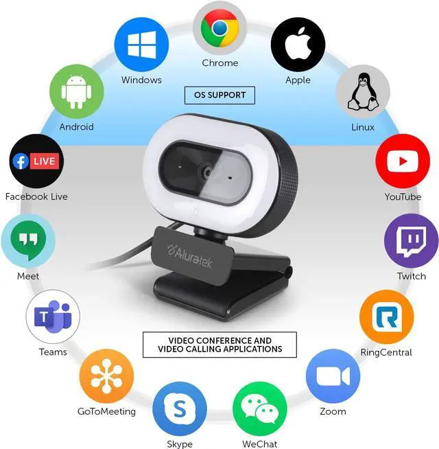 Alt view image 3 of 6 - Aluratek 1080p HD Webcam with Ring Light, Auto Focus and Directional Noise Cancelling Mic, Universally Compatible, LED Adjustable Ring Light