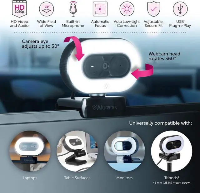 Alt view image 4 of 6 - Aluratek 1080p HD Webcam with Ring Light, Auto Focus and Directional Noise Cancelling Mic, Universally Compatible, LED Adjustable Ring Light