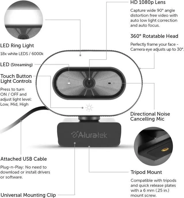 Alt view image 5 of 6 - Aluratek 1080p HD Webcam with Ring Light, Auto Focus and Directional Noise Cancelling Mic, Universally Compatible, LED Adjustable Ring Light