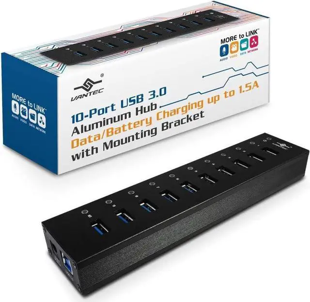 Main image of Vantec 10-Port USB 3.0 Hub, Aluminum, Full Powered, Mountable, with All Ports Data & Charging Up to 1.5A, BC 1.2, Premium 12V/5A, 60W Power Adapter (UGT-AH110U3-BK),Black