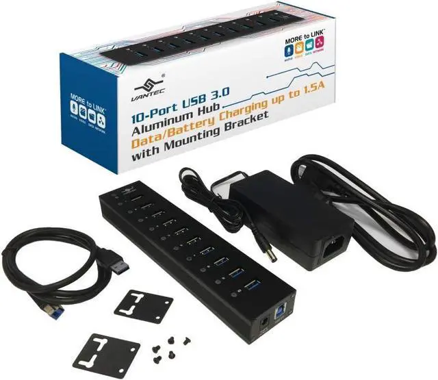 Alt view image 7 of 7 - Vantec 10-Port USB 3.0 Hub, Aluminum, Full Powered, Mountable, with All Ports Data & Charging Up to 1.5A, BC 1.2, Premium 12V/5A, 60W Power Adapter (UGT-AH110U3-BK),Black