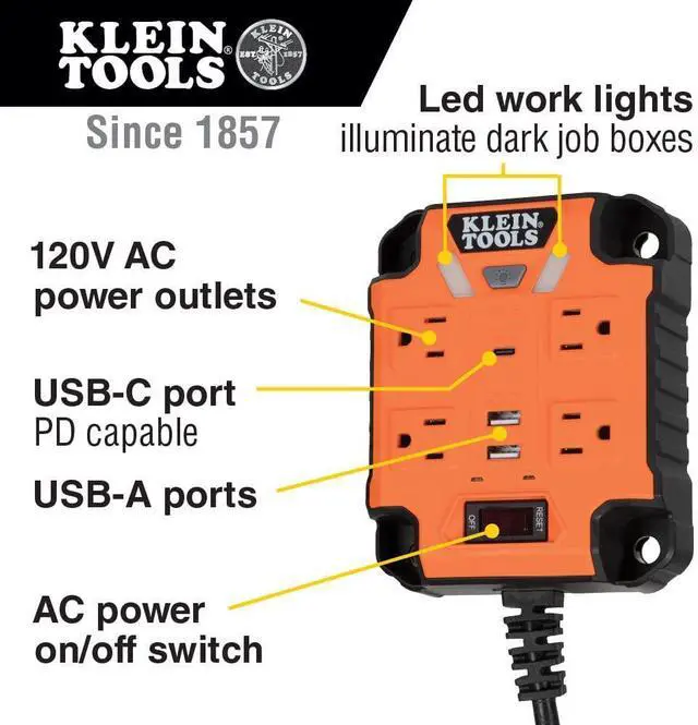Alt view image 2 of 7 - Klein Tools 29601 Magnetic Power Strip with Surge Protector, 4 Outlets, 3 USB Ports, 5-Foot Cord, Power Supply Box with Light, PowerBox 1