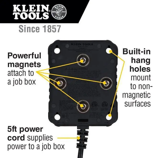 Alt view image 3 of 7 - Klein Tools 29601 Magnetic Power Strip with Surge Protector, 4 Outlets, 3 USB Ports, 5-Foot Cord, Power Supply Box with Light, PowerBox 1