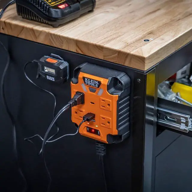 Alt view image 5 of 7 - Klein Tools 29601 Magnetic Power Strip with Surge Protector, 4 Outlets, 3 USB Ports, 5-Foot Cord, Power Supply Box with Light, PowerBox 1