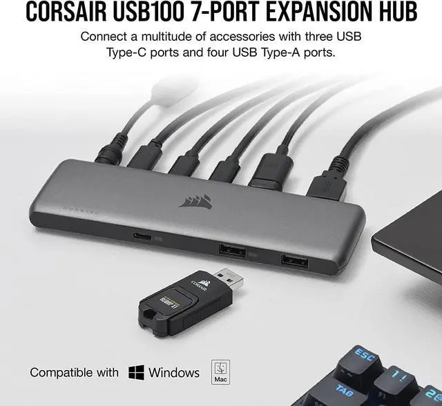 Alt view image 2 of 7 - USB100 7-Port USB-C/USB-A Expansion Hub - 3X USB Type-C Ports - 4X USB Type-A Ports - Self-Powered - Durable Housing