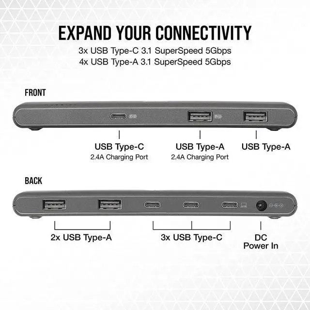 Alt view image 3 of 7 - USB100 7-Port USB-C/USB-A Expansion Hub - 3X USB Type-C Ports - 4X USB Type-A Ports - Self-Powered - Durable Housing