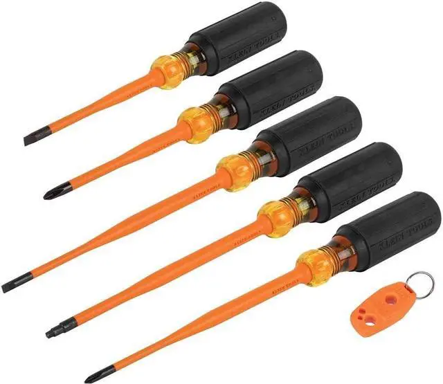 Main image of Klein Tools 33736INS Klein Tools 33736INS Insulated Screwdriver Set, 1000V Slim-Tip Driver with Phillips, Cabinet and Square Bits and a Magnetizer, 6-Piece
