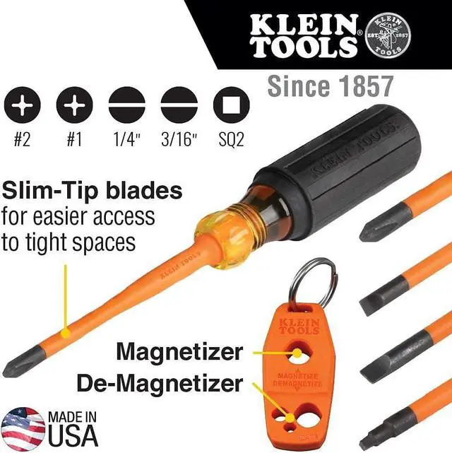 Alt view image 2 of 6 - Klein Tools 33736INS Klein Tools 33736INS Insulated Screwdriver Set, 1000V Slim-Tip Driver with Phillips, Cabinet and Square Bits and a Magnetizer, 6-Piece