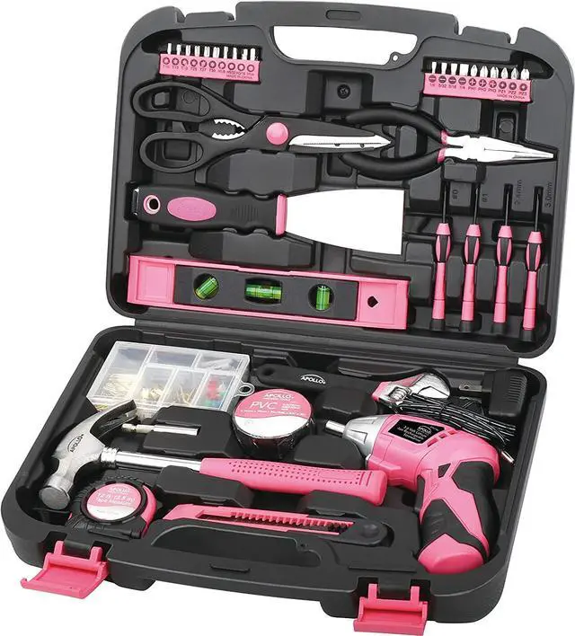 Main image of Apollo 135 Piece Household Tool Kit Pink with Pivoting Dual-Angle 3.6 V Lithium-Ion Cordless Screwdriver - DT0773N1