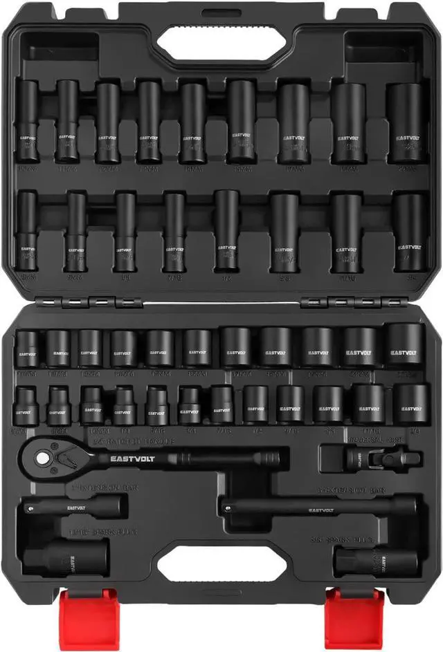 Alt view image 2 of 7 - Eastvolt 46 Pieces Drive Socket Ratchet Wrench Set, Mechanic Tool Kits with 72 Teeth Reversible Ratchet, Extension Bar Set and Storage Case, Metric/SAE