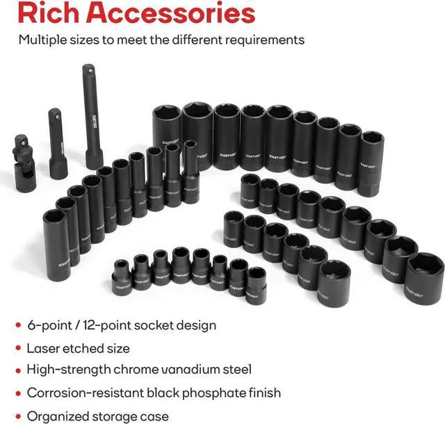 Alt view image 3 of 7 - Eastvolt 46 Pieces Drive Socket Ratchet Wrench Set, Mechanic Tool Kits with 72 Teeth Reversible Ratchet, Extension Bar Set and Storage Case, Metric/SAE