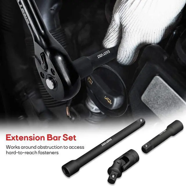 Alt view image 6 of 7 - Eastvolt 46 Pieces Drive Socket Ratchet Wrench Set, Mechanic Tool Kits with 72 Teeth Reversible Ratchet, Extension Bar Set and Storage Case, Metric/SAE