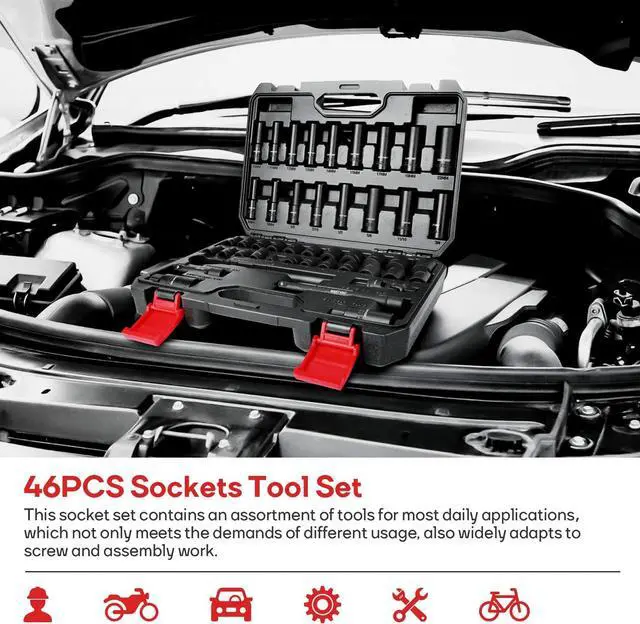 Alt view image 7 of 7 - Eastvolt 46 Pieces Drive Socket Ratchet Wrench Set, Mechanic Tool Kits with 72 Teeth Reversible Ratchet, Extension Bar Set and Storage Case, Metric/SAE