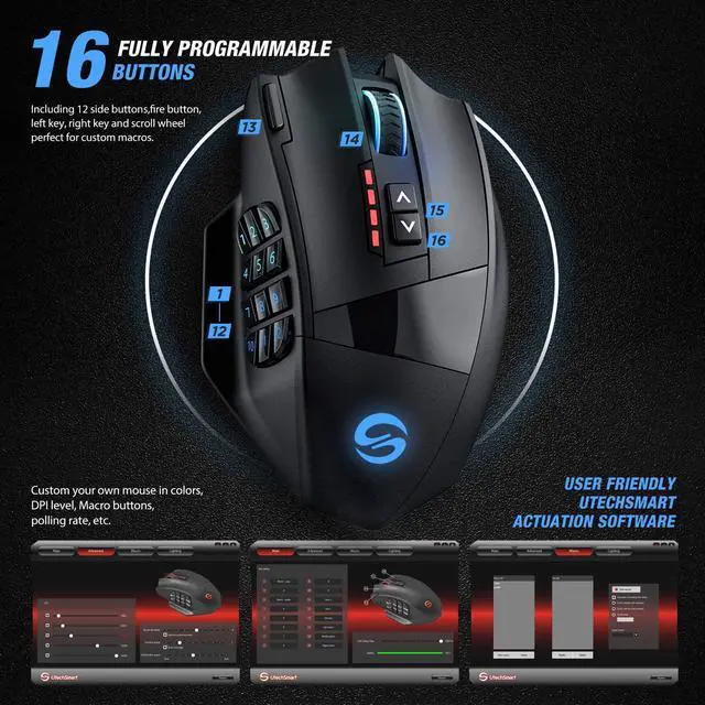 Alt view image 15 of 19 - UtechSmart VENUS Pro RGB MMO Wireless Gaming Mouse, 16,000 DPI Optical Sensor, 2.4 GHz transmission technology, Palm Grip Ergonomic Design, Chroma RGB Lighting, 16 programmable buttons, Up to 70 Hours