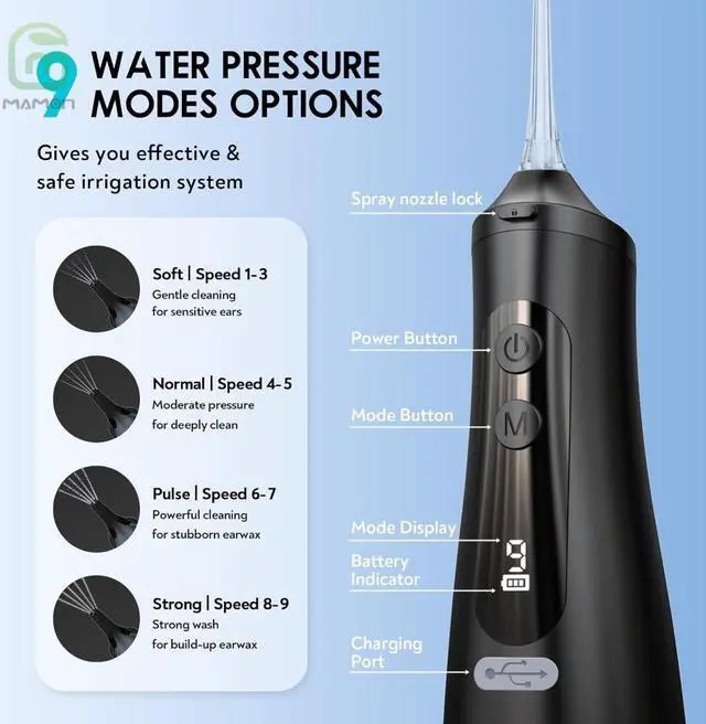 Alt view image 2 of 7 - MAMONCARE Ear Wax Removal Tool, Water Powered Ear Cleaner with 9 Pressure Settings, 6 Reusable 3 & 5 Hole Tips, Ear Cleaning Kit Safe and Effective to Clean Build-up Earwax