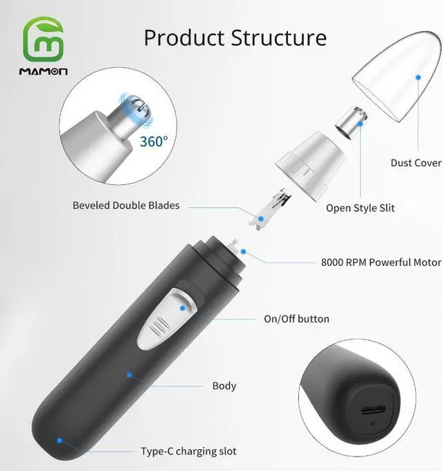 Alt view image 4 of 7 - MAMONCARE Ear and Nose Hair Trimmer Clipper - Professional Painless Eyebrow & Facial Hair Trimmer for Men Women, Battery-Operated Trimmer, Dual Edge Blades for Easy Cleaning