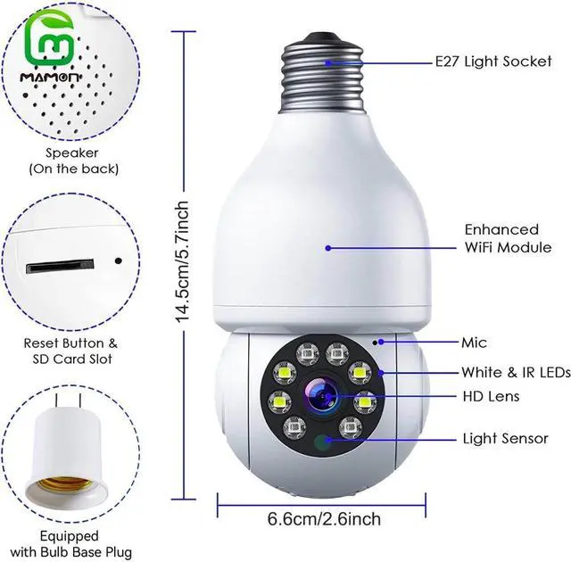 Alt view image 7 of 7 - MAMONCARE Light Bulb Camera E27 FHD Resolution Home Wifi Security Camera, Smart 360 PTZ Indoor/Outdoor Bulb Security Camera, Remote Voice Intercom HD Night Vision Light Bulb Camera Works with Alexa