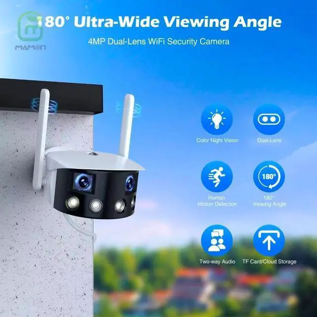 Main image of MAMONCARE 2K WiFi Home Security Camera IP Camera Outdoor 180° Ultra-Wide Field of View Wireless Dual Lens Camera Motion Detection&Alert Two-Way Talk Colour Night Vision IP66 Work with Alexa