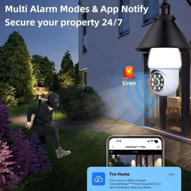 Alt view image 5 of 7 - Light Bulb Security Camera with Flood Light 1080P 2.4GHz Wireless WiFi Light Socket Security Cameras, 355° Pan/Tilt Human Motion Detection Alarm Colour Night Vision Works with Alexa