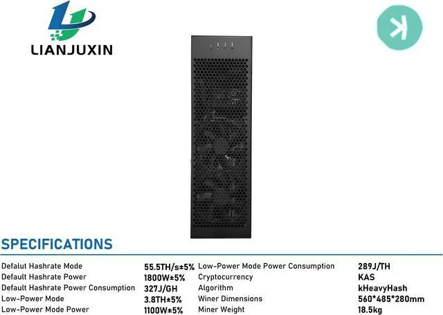 Alt view image 6 of 7 - New Gold-shell  E-KA1M 5T Hashrate KAS Miner 1800W KDS Ultimate silence Miner Kspa Algorithm With PSU E-KA1M Comes with two power cords Good For Home Mining