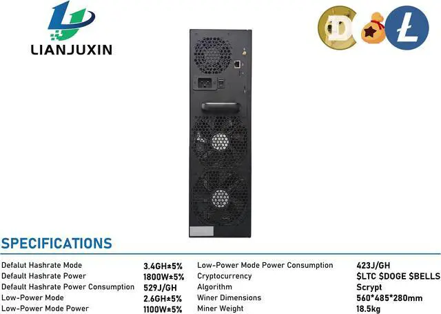 Alt view image 6 of 7 - New Gold shell E-DG1M 3.4GH LTC DOGE BELLS Miner 1800W With PSU Silent 40dB Mining  Asic Miner Gold-shell
